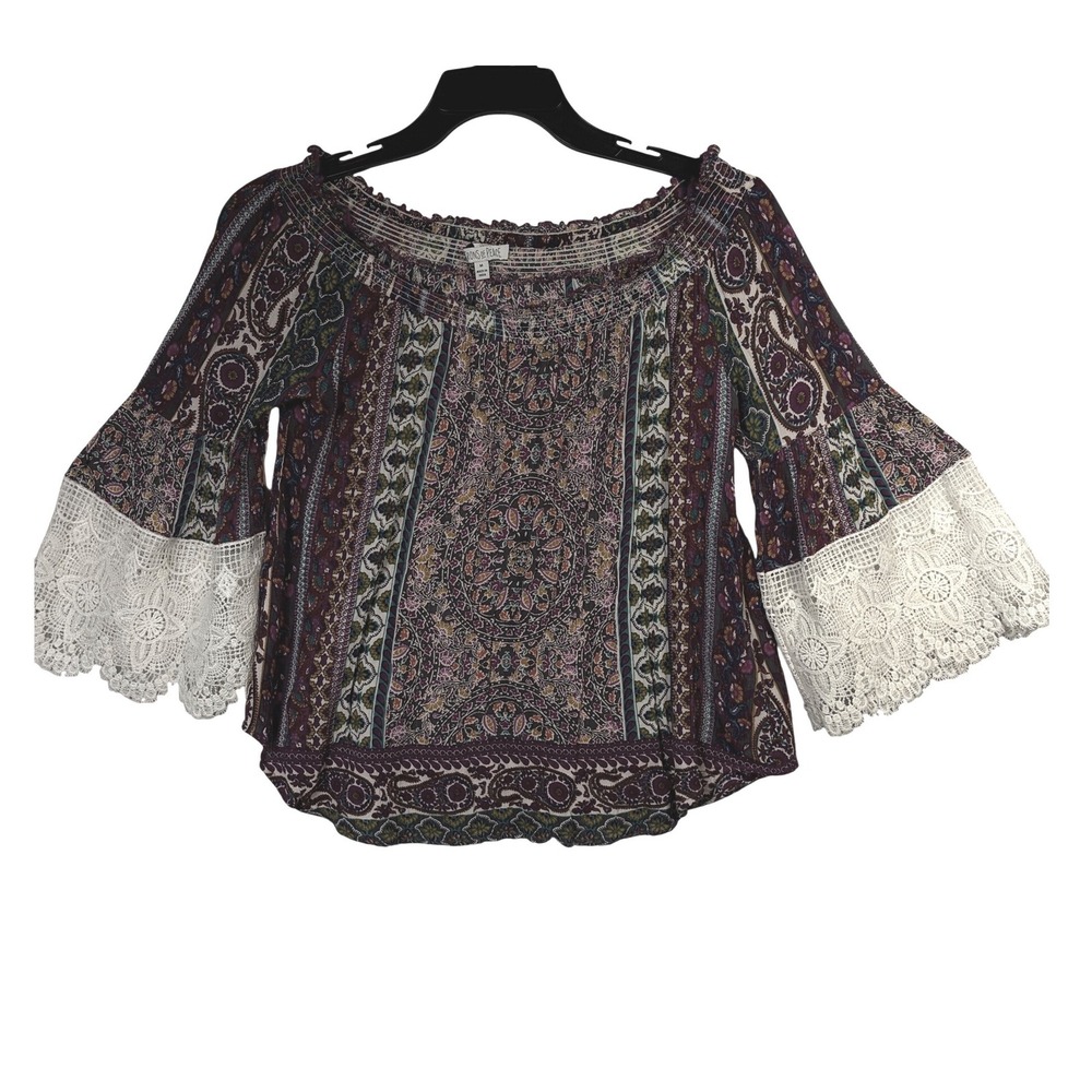 Patrons of Peace Boho Blouse Womens MED Multicolor Excellent Crochet Bell Sleeve
